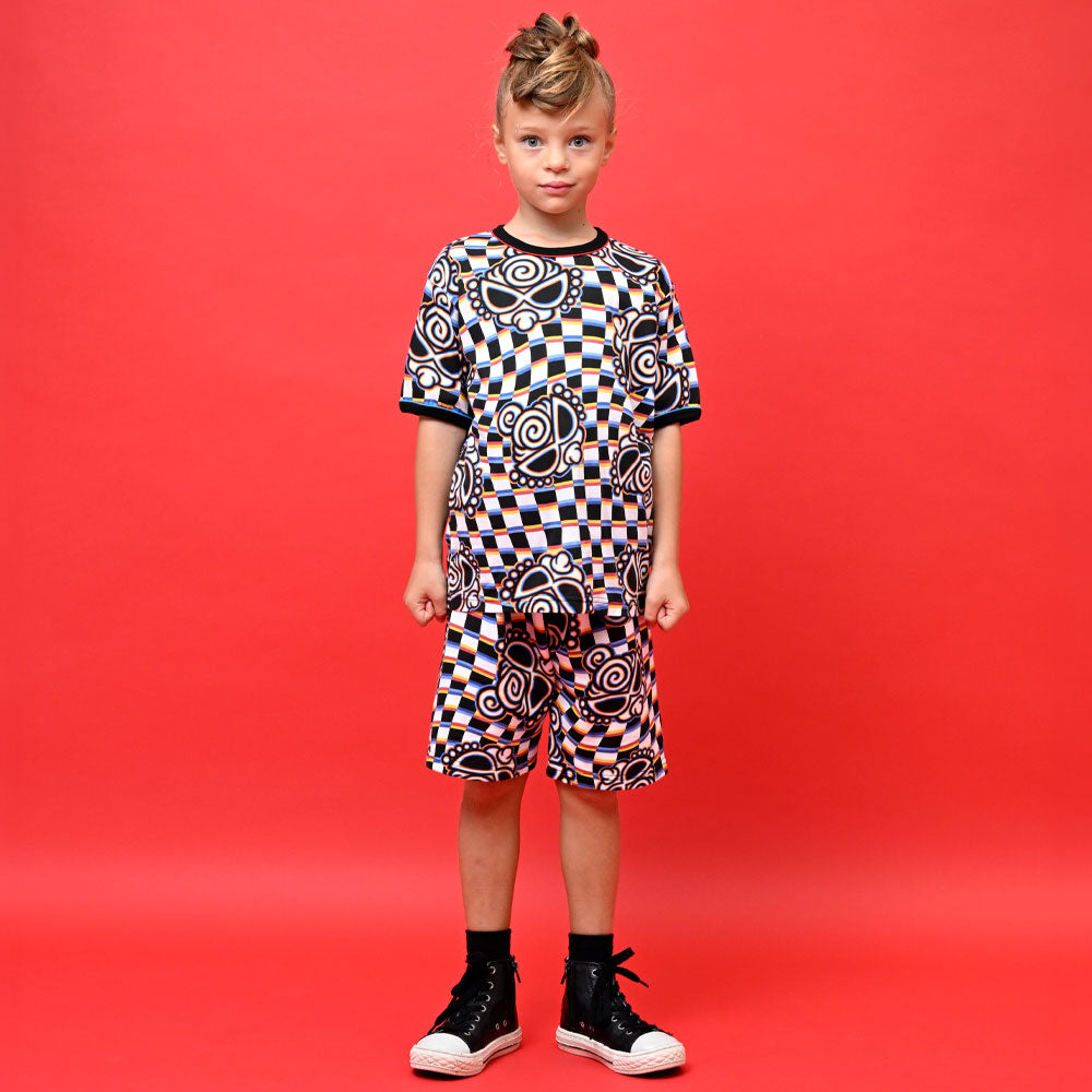 DISTORTION CHECKER総柄 半袖Tシャツ