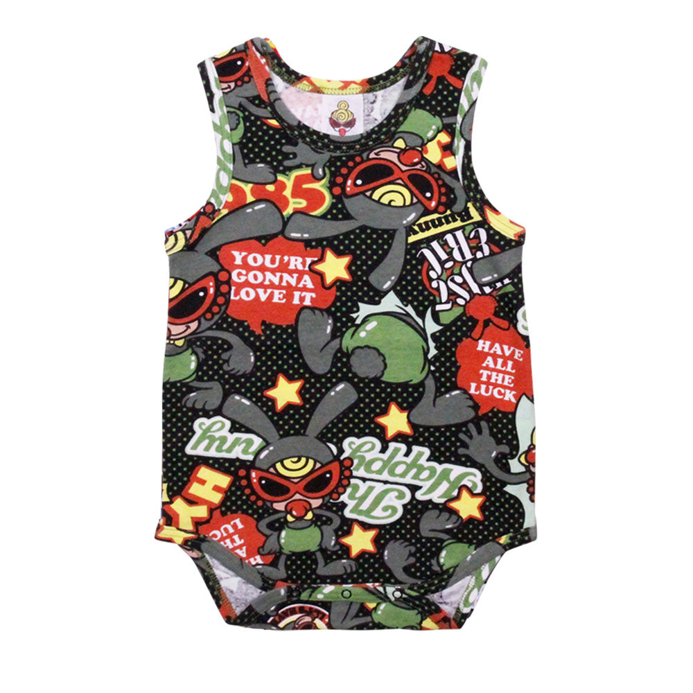 HAPPY BUNNY総柄 ノースリーブロンパース