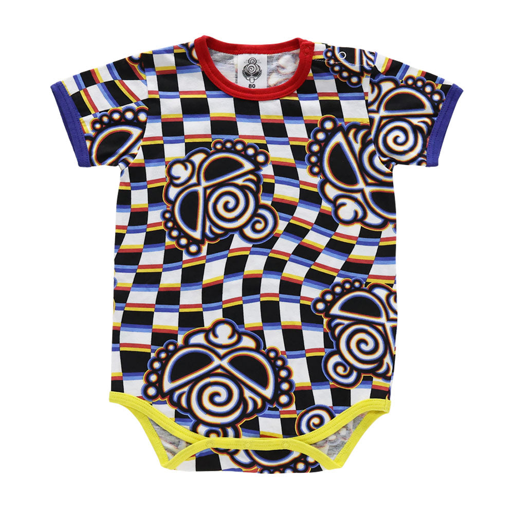 DISTORTION CHECKER総柄 半袖ロンパース